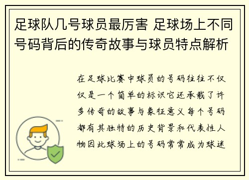 足球队几号球员最厉害 足球场上不同号码背后的传奇故事与球员特点解析