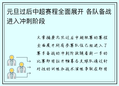 元旦过后中超赛程全面展开 各队备战进入冲刺阶段