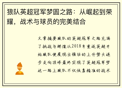 狼队英超冠军梦圆之路：从崛起到荣耀，战术与球员的完美结合