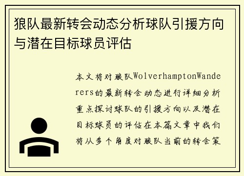 狼队最新转会动态分析球队引援方向与潜在目标球员评估